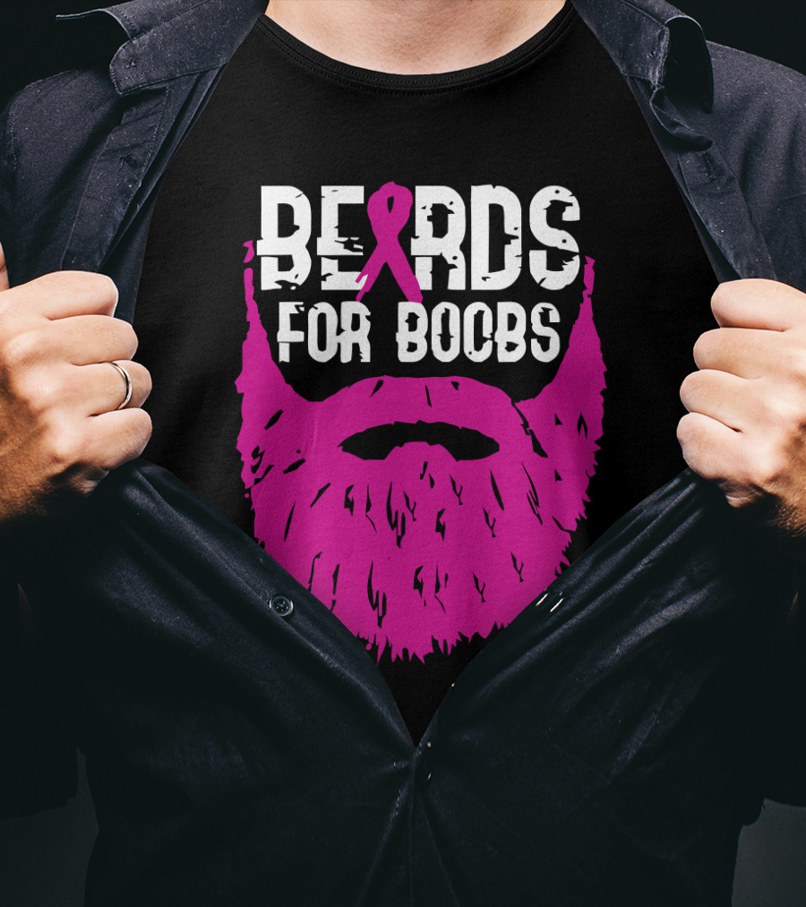 Beards For Boobs Breast Cancer Awareness Pink Ribbon Beard T-Shirt