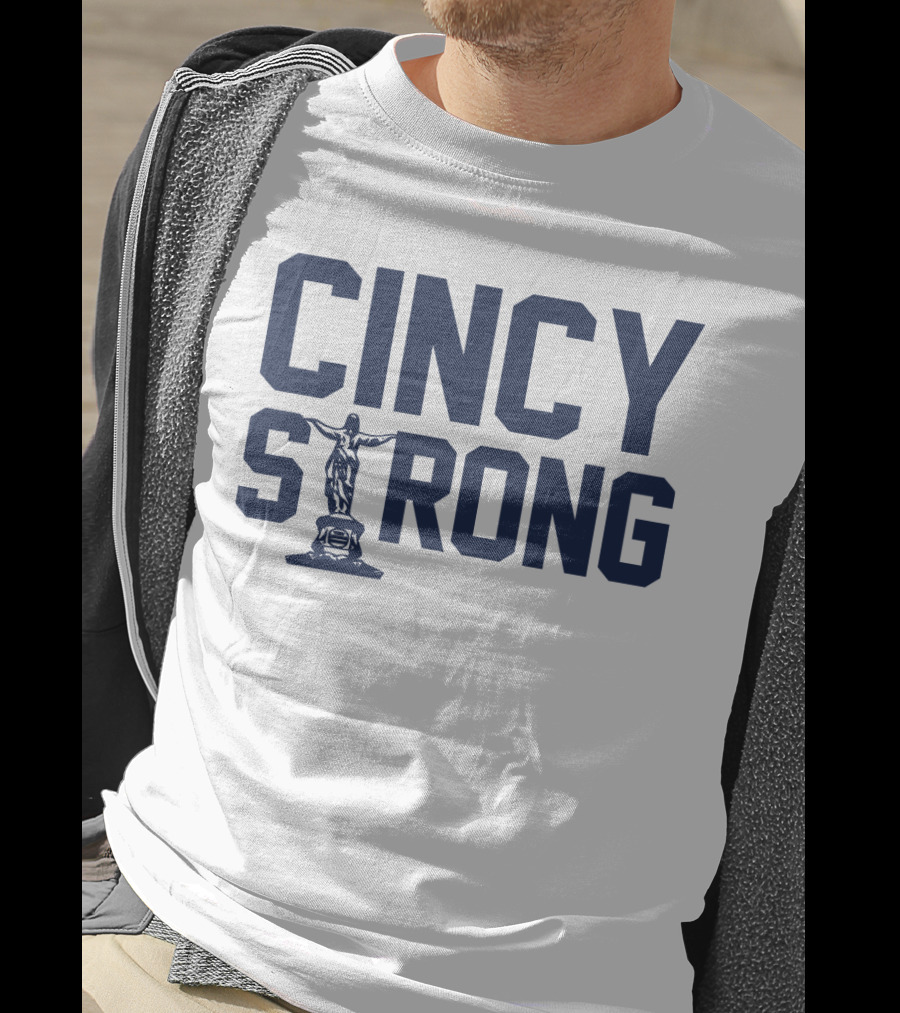 Cincy Strong Text With Statue Symbol In Bold Blue Letters T-Shirt