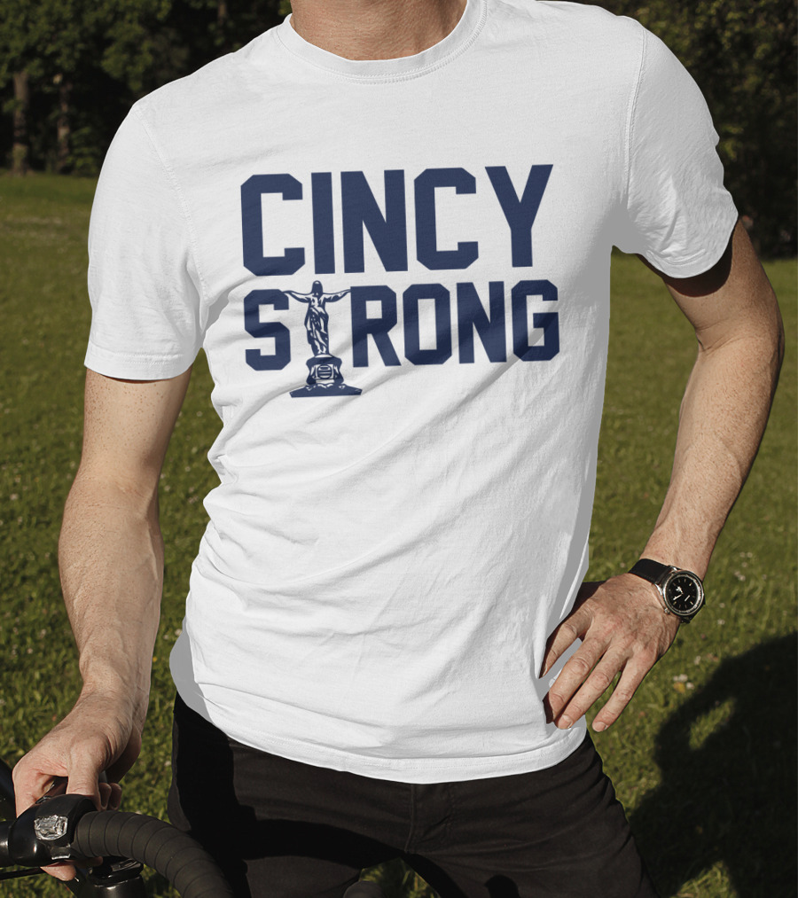 Cincy Strong Text With Statue Symbol In Bold Blue Letters T-Shirt