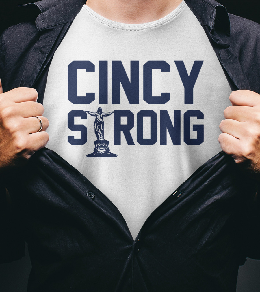 Cincy Strong Text With Statue Symbol In Bold Blue Letters T-Shirt