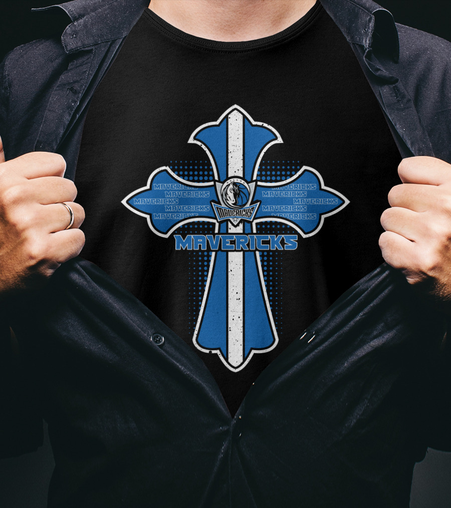 Dallas Mavericks Cross Design With Team Logo And Name In Blue And White T-Shirt