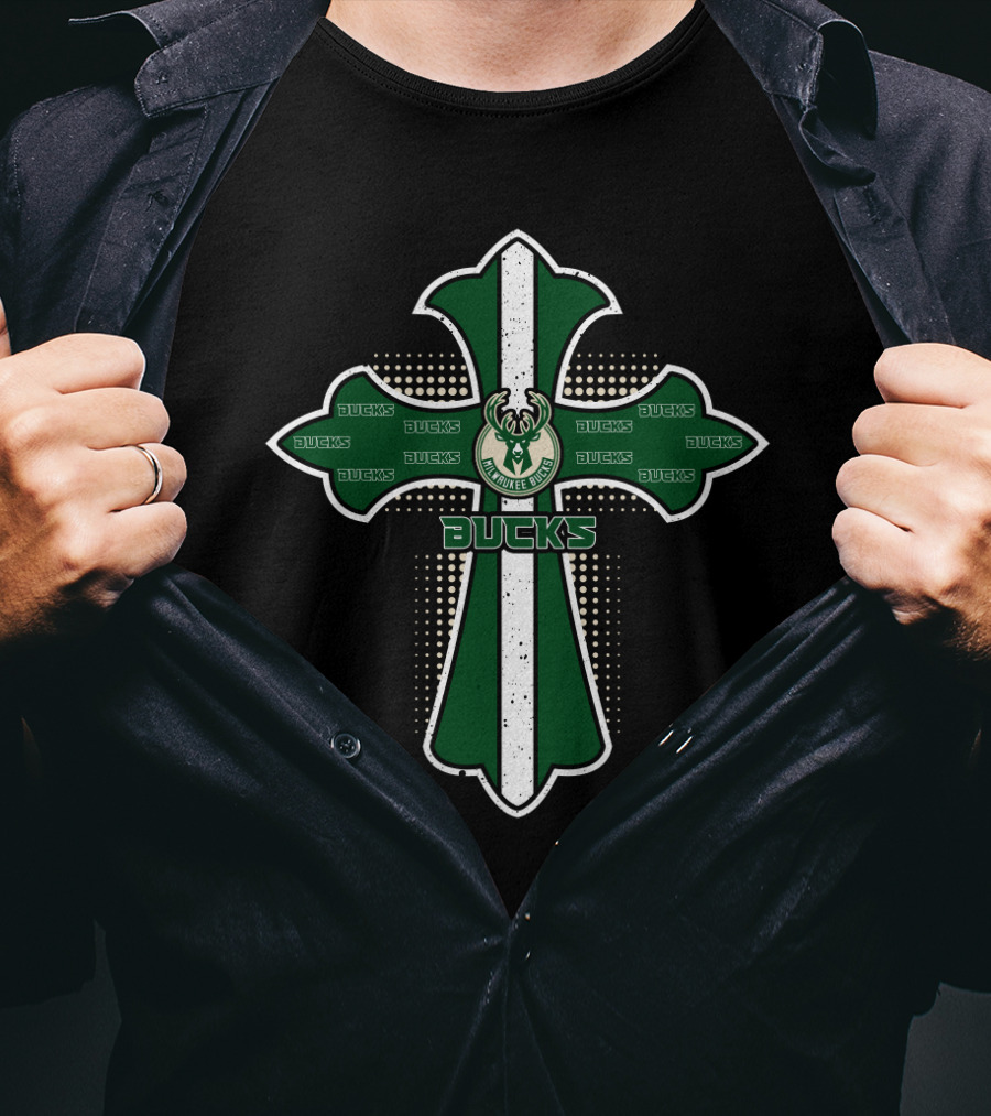 Bucks Fans Green Cross With Milwaukee Bucks T-Shirt