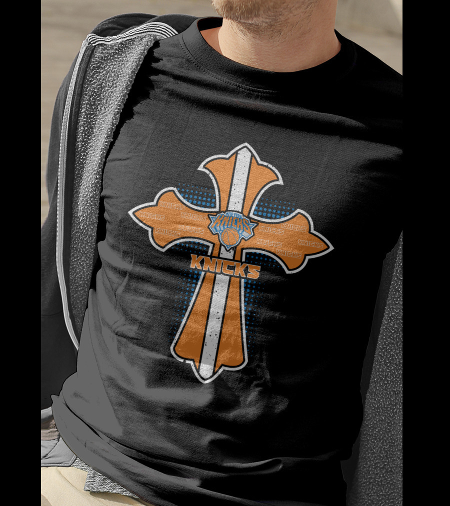 Cross Emblem Featuring Knicks And Jesus Basketball Theme T-Shirt