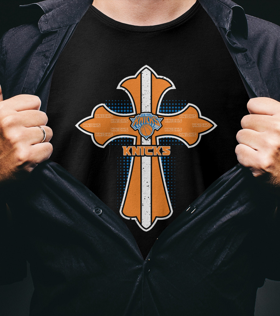 Cross Emblem Featuring Knicks And Jesus Basketball Theme T-Shirt