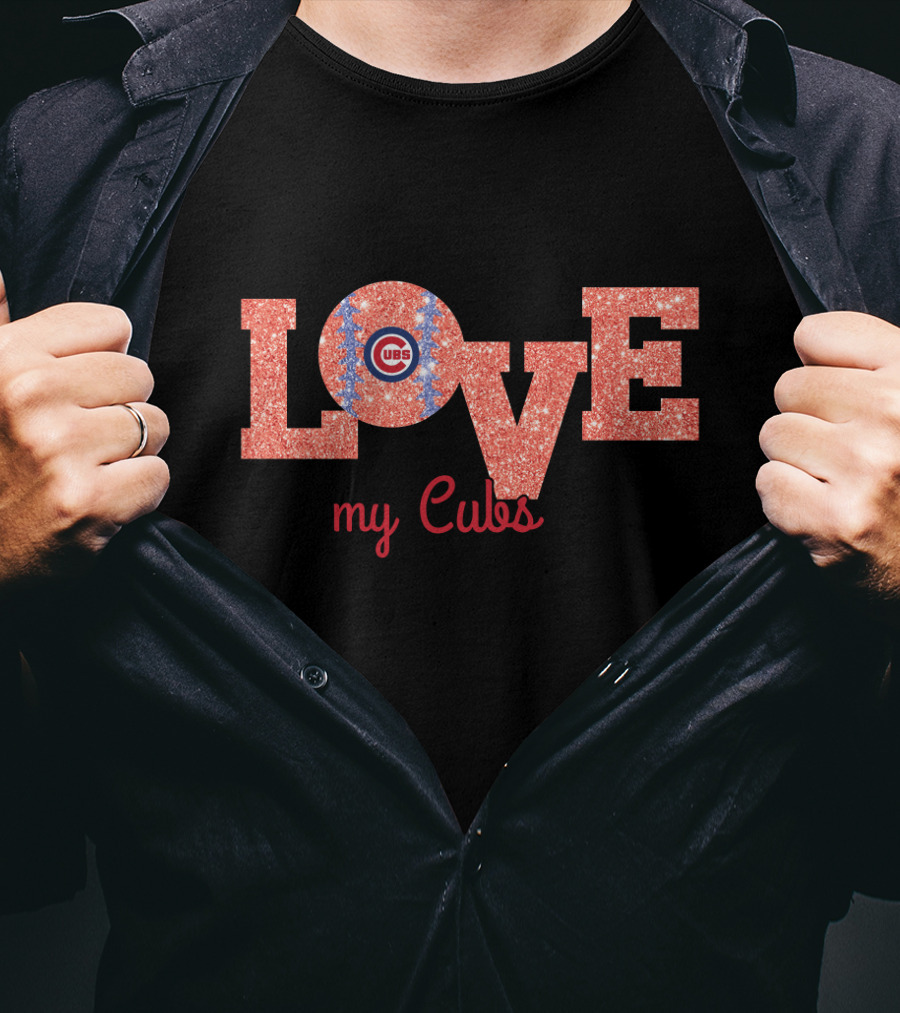 Sparkling Love My Cubs Chicago Cubs Fans Glitter Text T-Shirt