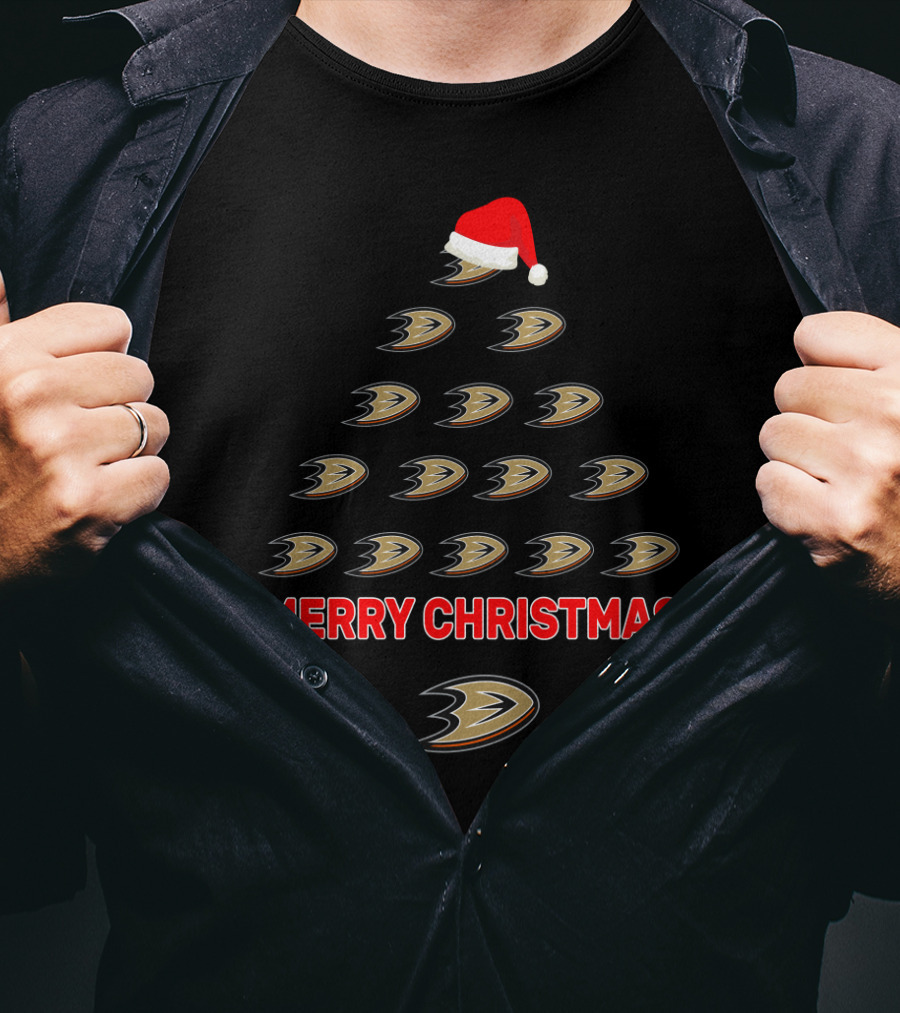 Merry Christmas Anaheim Ducks Tree With Santa Hat T-Shirt