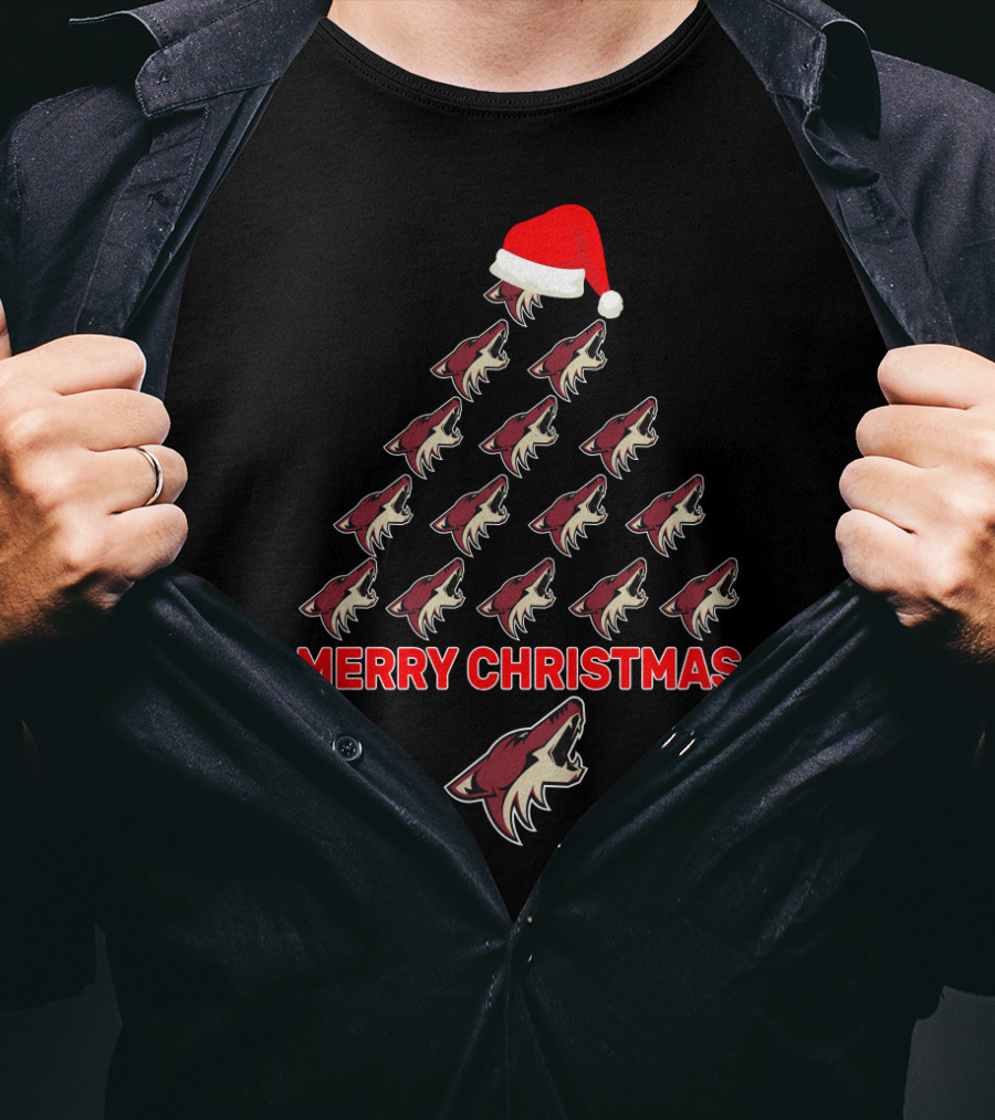 Merry Christmas Arizona Coyotes Logo Tree With Santa Hat T-Shirt
