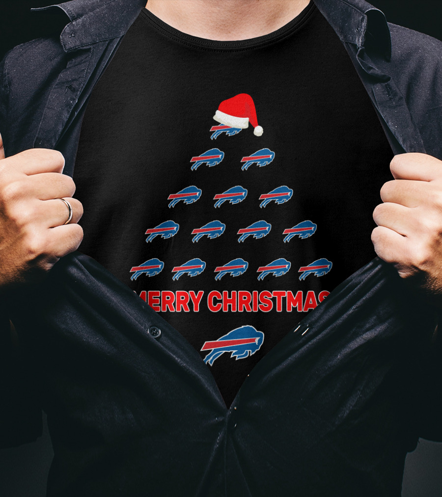 Buffalo Bills Merry Christmas Tree With Santa Hat Formation T-Shirt