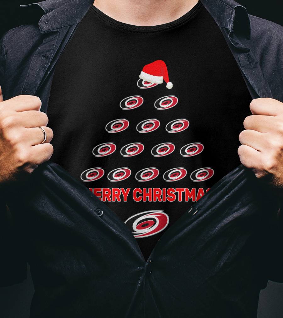 Carolina Hurricanes Merry Christmas Tree With Santa Hat T-Shirt