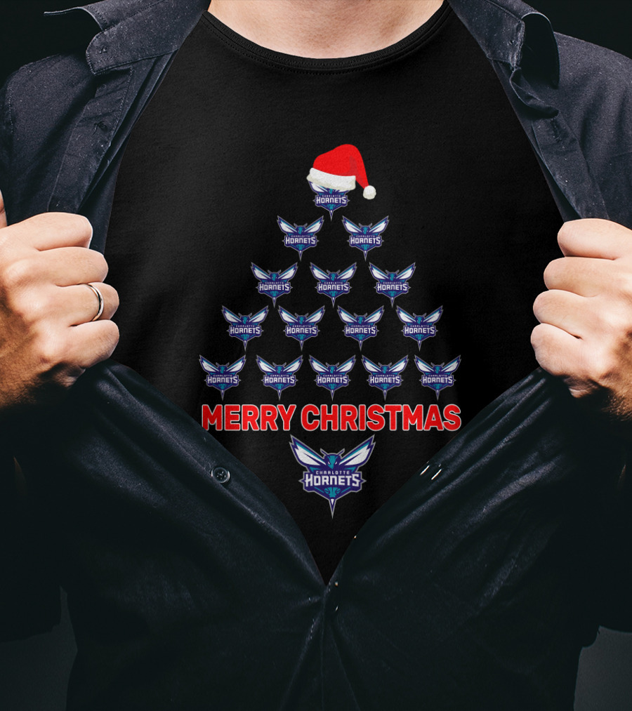 Charlotte Hornets Merry Christmas Tree With Santa Hat T-Shirt