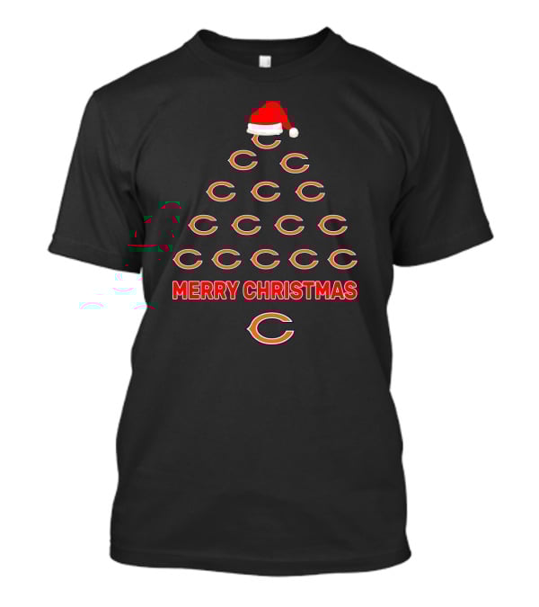 Merry Christmas Chicago Bears Tree With Santa Hat T-Shirt