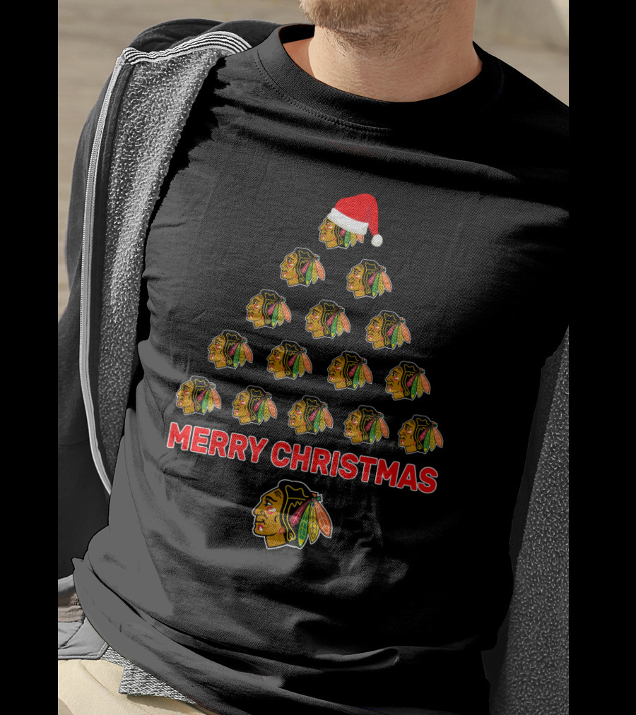 Merry Christmas Tree With Chicago Blackhawks Logos And Santa Hat T-Shirt