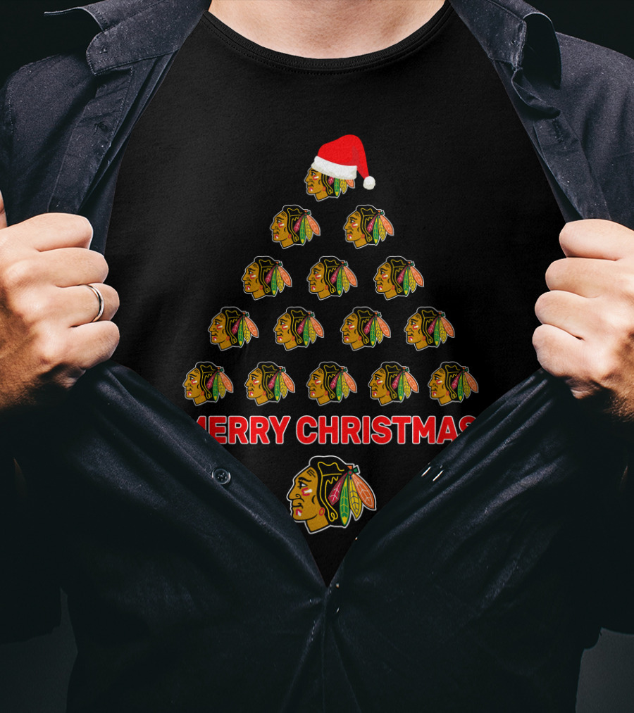Merry Christmas Tree With Chicago Blackhawks Logos And Santa Hat T-Shirt