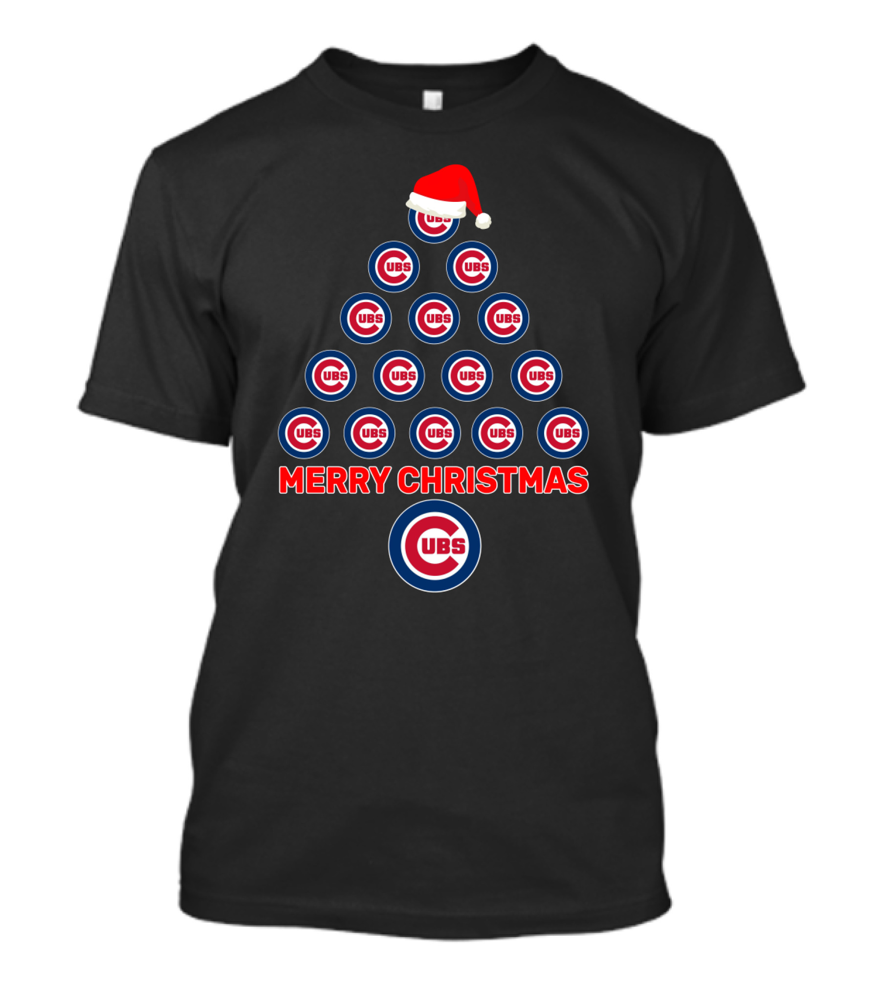 Merry Christmas Chicago Cubs Logo Tree With Santa Hat T-Shirt