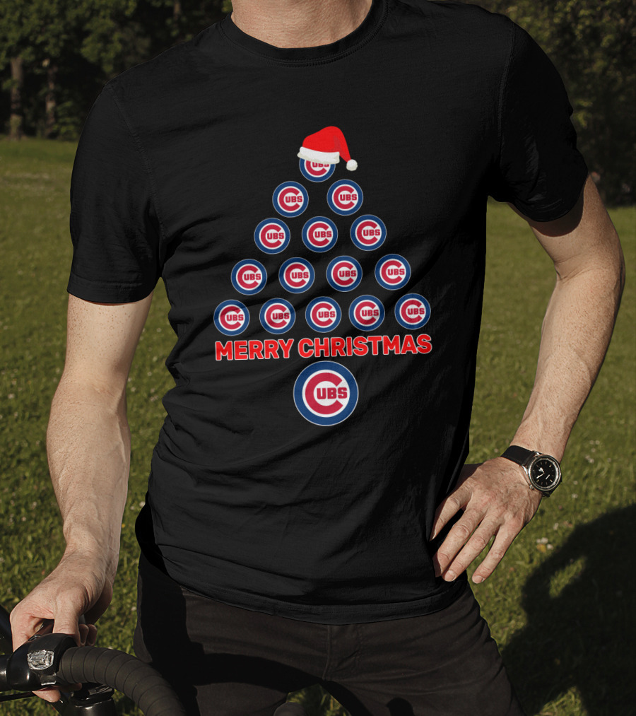 Merry Christmas Chicago Cubs Logo Tree With Santa Hat T-Shirt