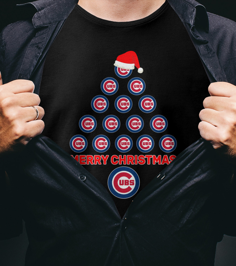 Merry Christmas Chicago Cubs Logo Tree With Santa Hat T-Shirt