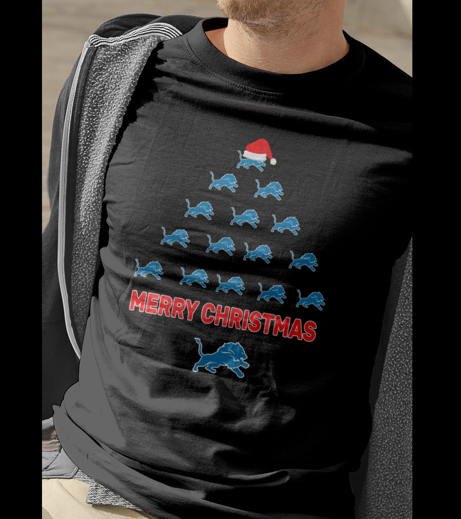 Merry Christmas Detroit Lions Fan Holiday Tree T-Shirt