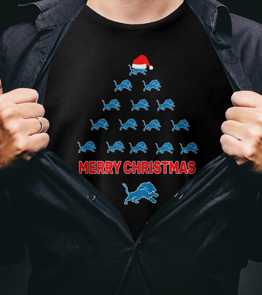 Merry Christmas Detroit Lions Fan Holiday Tree T-Shirt