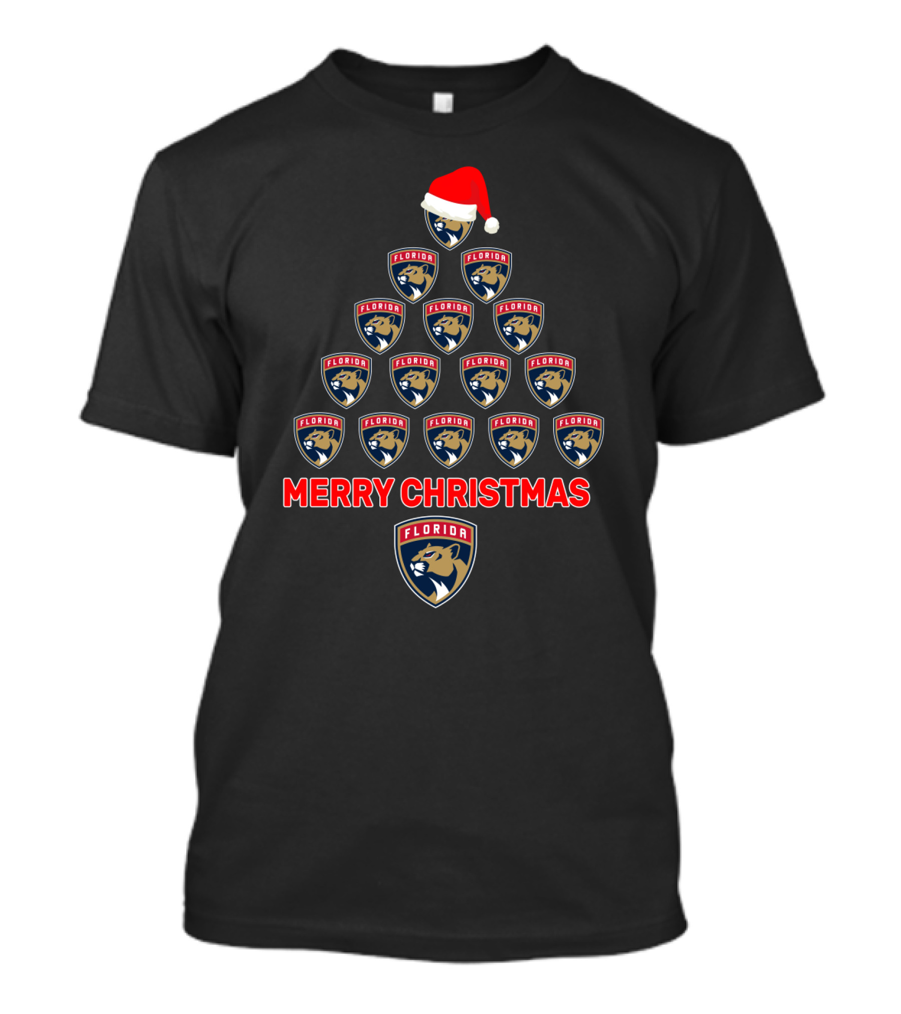 Merry Christmas Florida Panthers Tree With Logos And Santa Hat T-Shirt