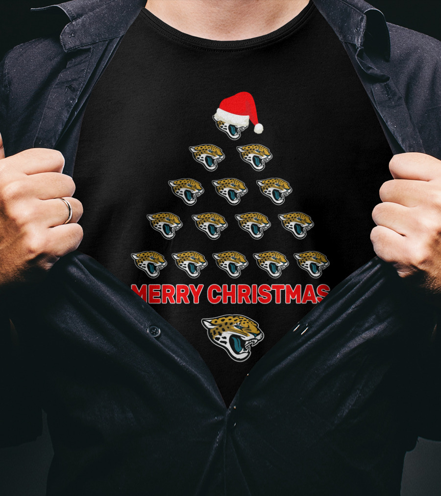 Jacksonville Jaguars Merry Christmas Tree With Santa Hat Decor For Fans T-Shirt
