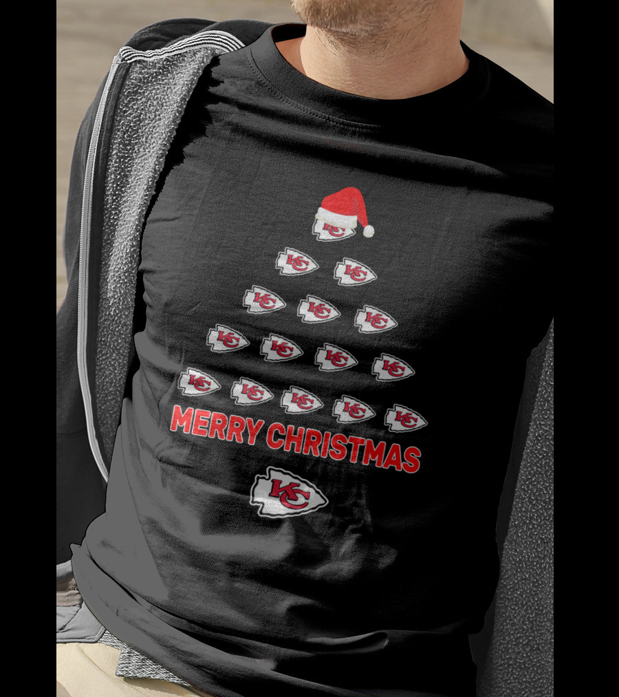 Merry Christmas Kansas City Chiefs Logo Tree With Santa Hat T-Shirt