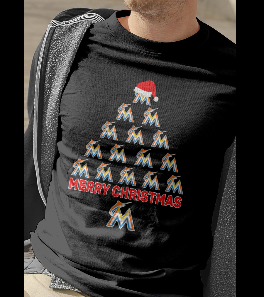 Merry Christmas Miami Marlins Logo Christmas Tree With Santa Hat T-Shirt