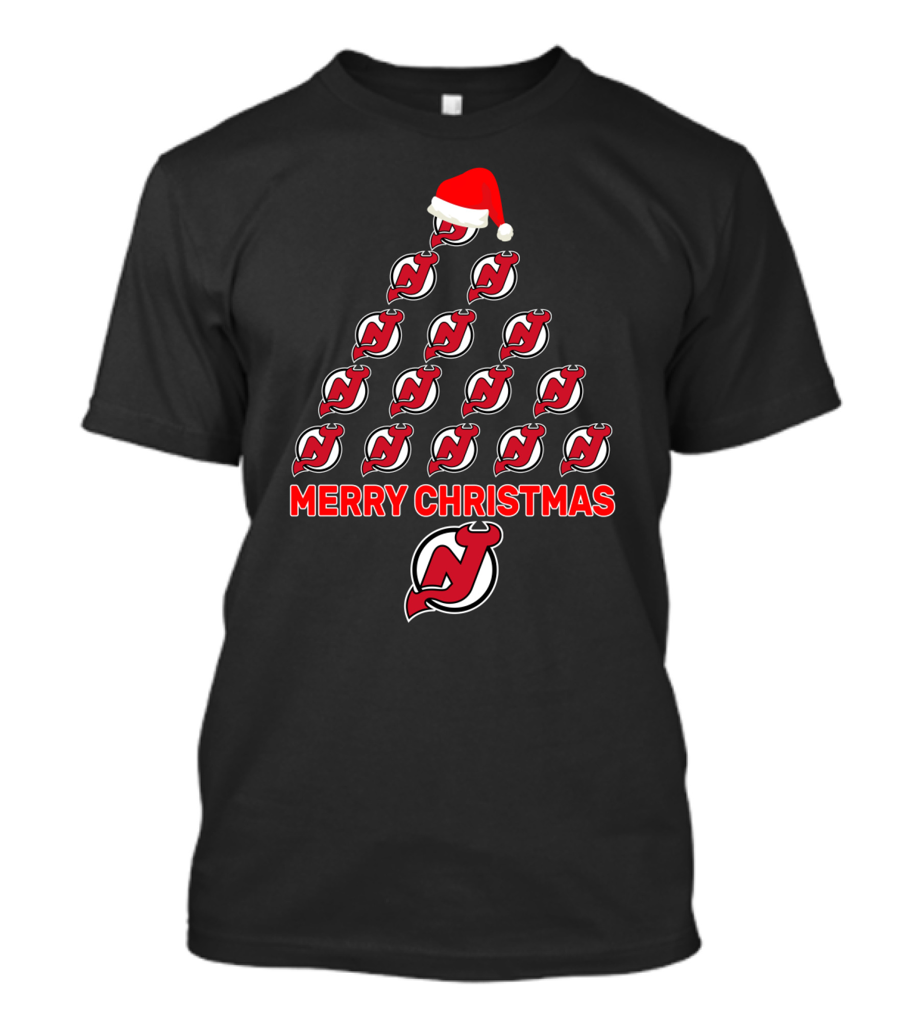 New Jersey Devils Christmas Tree With Santa Hat And Merry Christmas Message T-Shirt