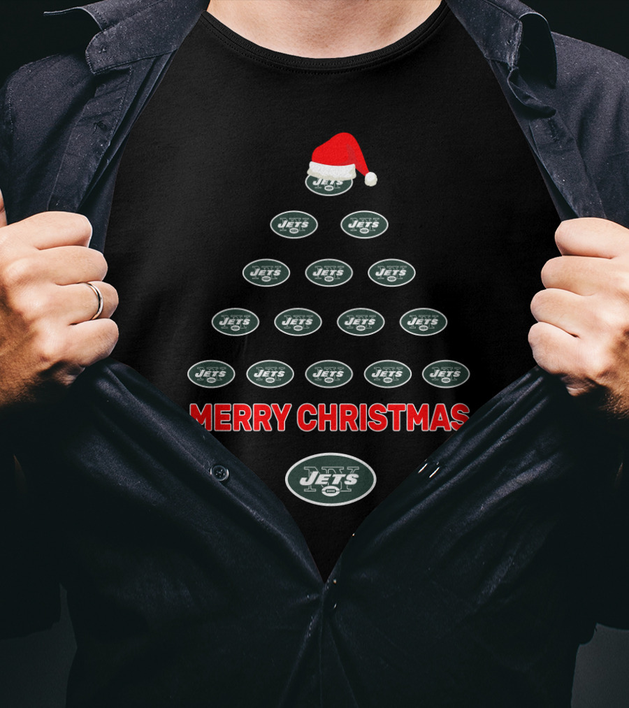 Merry Christmas Jets Tree With Santa Hat For New York Fans T-Shirt