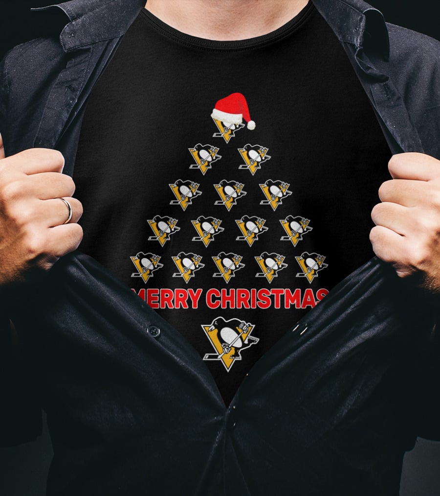 Merry Christmas Pittsburgh Penguins Santa Hat Hockey Tree T-Shirt