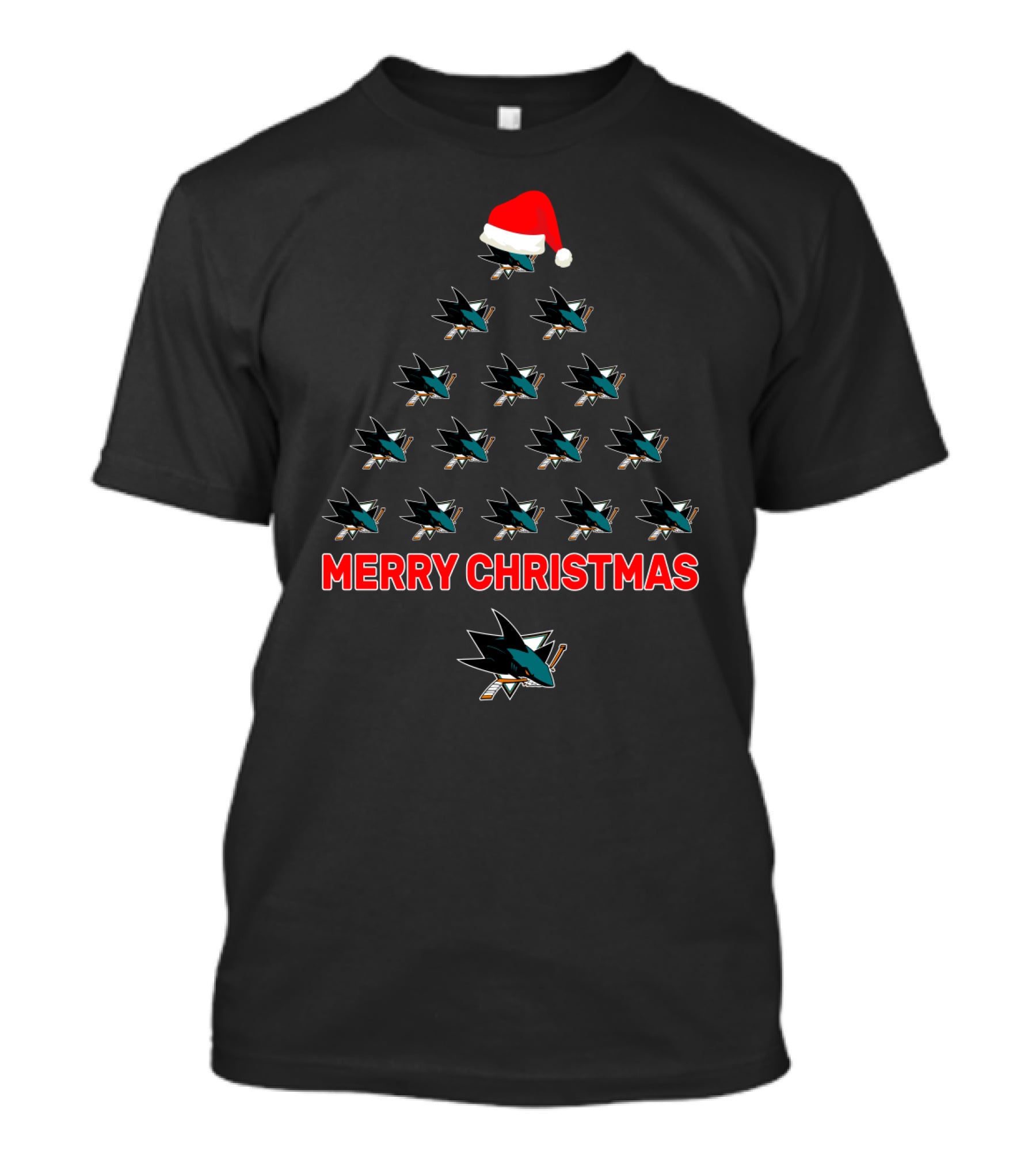 San Jose Sharks Logo Merry Christmas Tree With Santa Hat T-Shirt