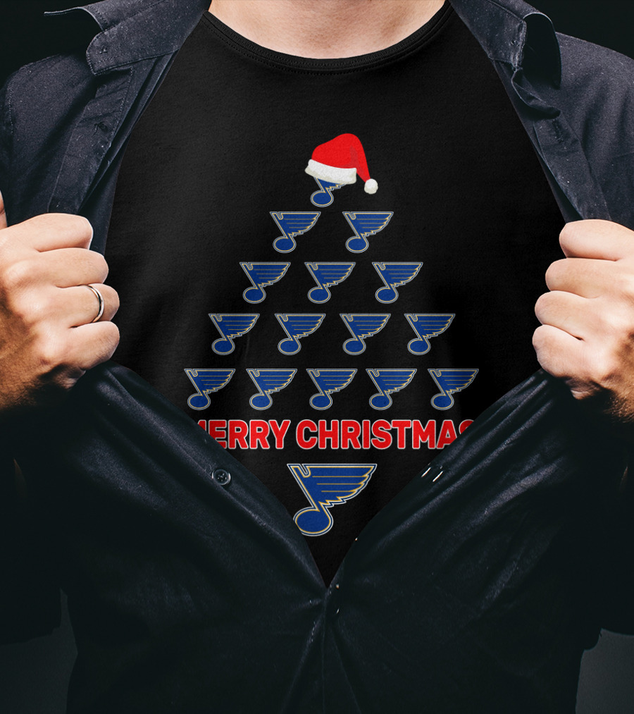 Merry Christmas St. Louis Blues Christmas Tree With Santa Hat T-Shirt