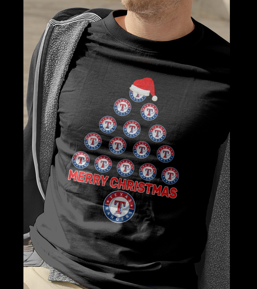 Texas Rangers Merry Christmas Tree With Santa Hat T-Shirt