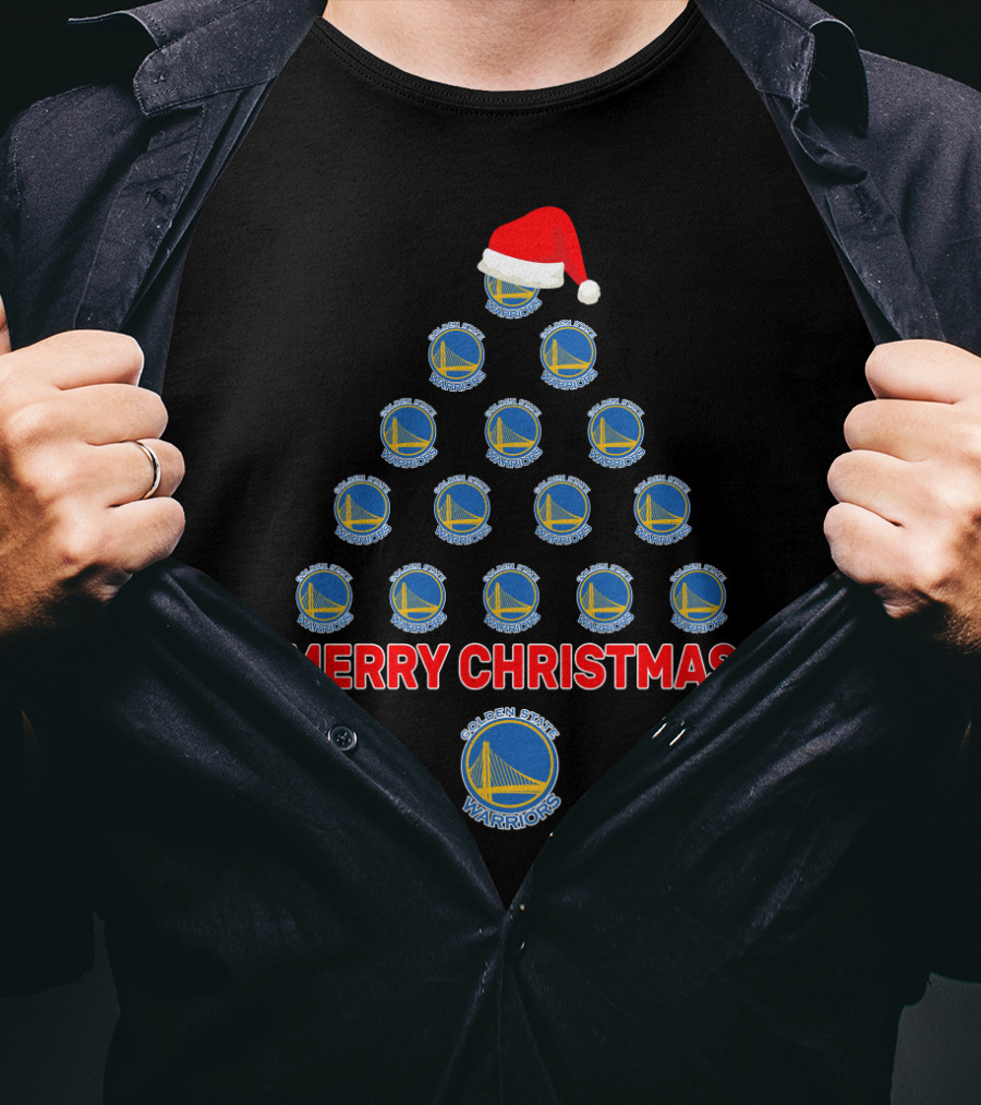 Merry Christmas Golden State Warriors Christmas Tree With Santa Hat T-Shirt