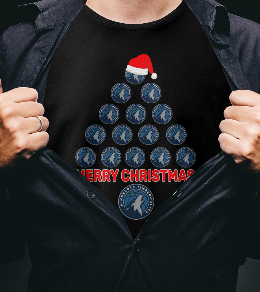 Merry Christmas Minnesota Timberwolves Tree With Santa Hat T-Shirt