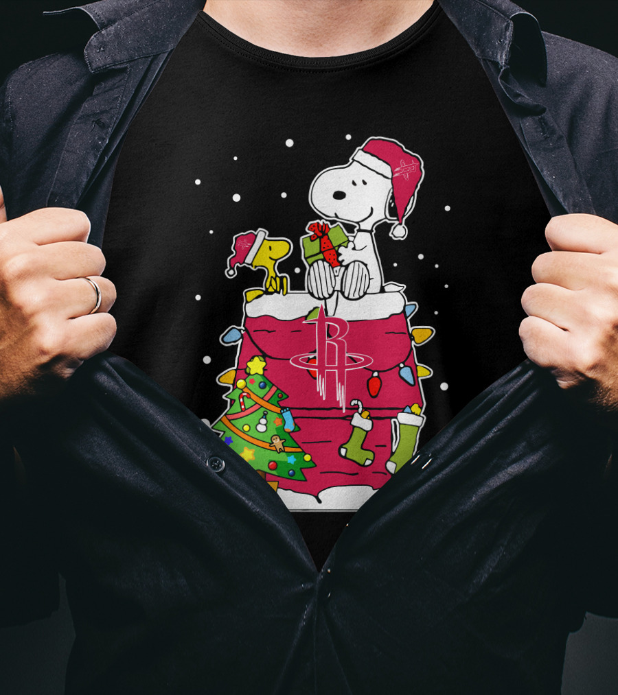 Houston Rockets Christmas Snoopy With Woodstock And Gifts T-Shirt