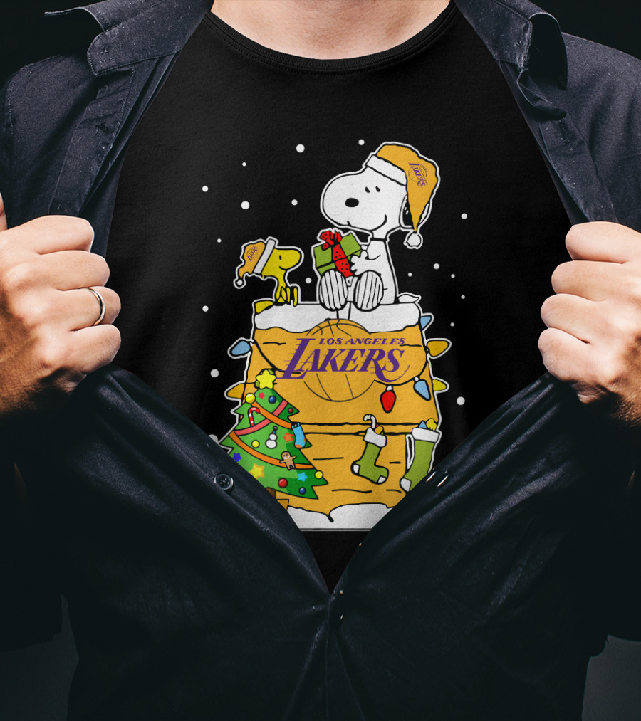 Los Angeles Lakers Snoopy Christmas With Woodstock And Santa Hats T-Shirt
