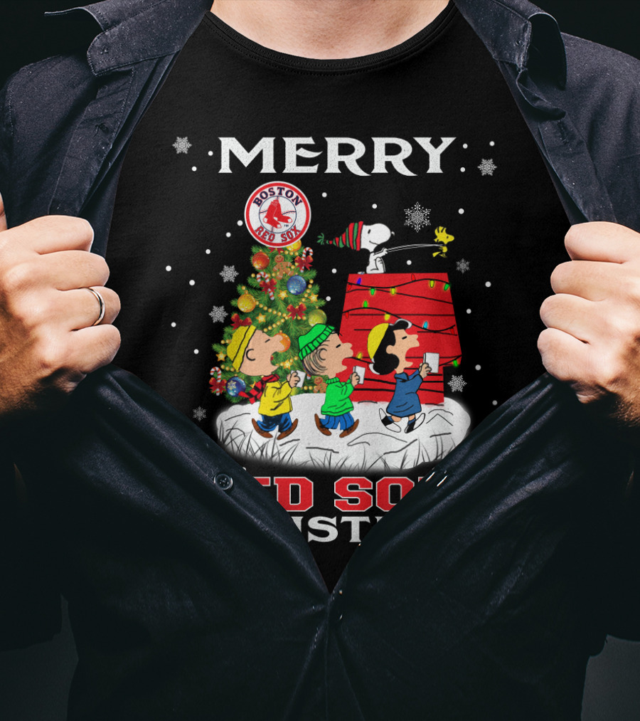 Merry Boston Red Sox Christmas Snoopy Fans Peanuts Holiday Celebration T-Shirt