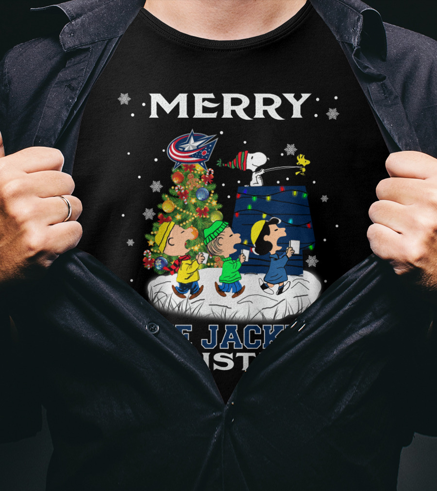 Merry Blue Jackets Christmas Snoopy With Tree And Characters T-Shirt