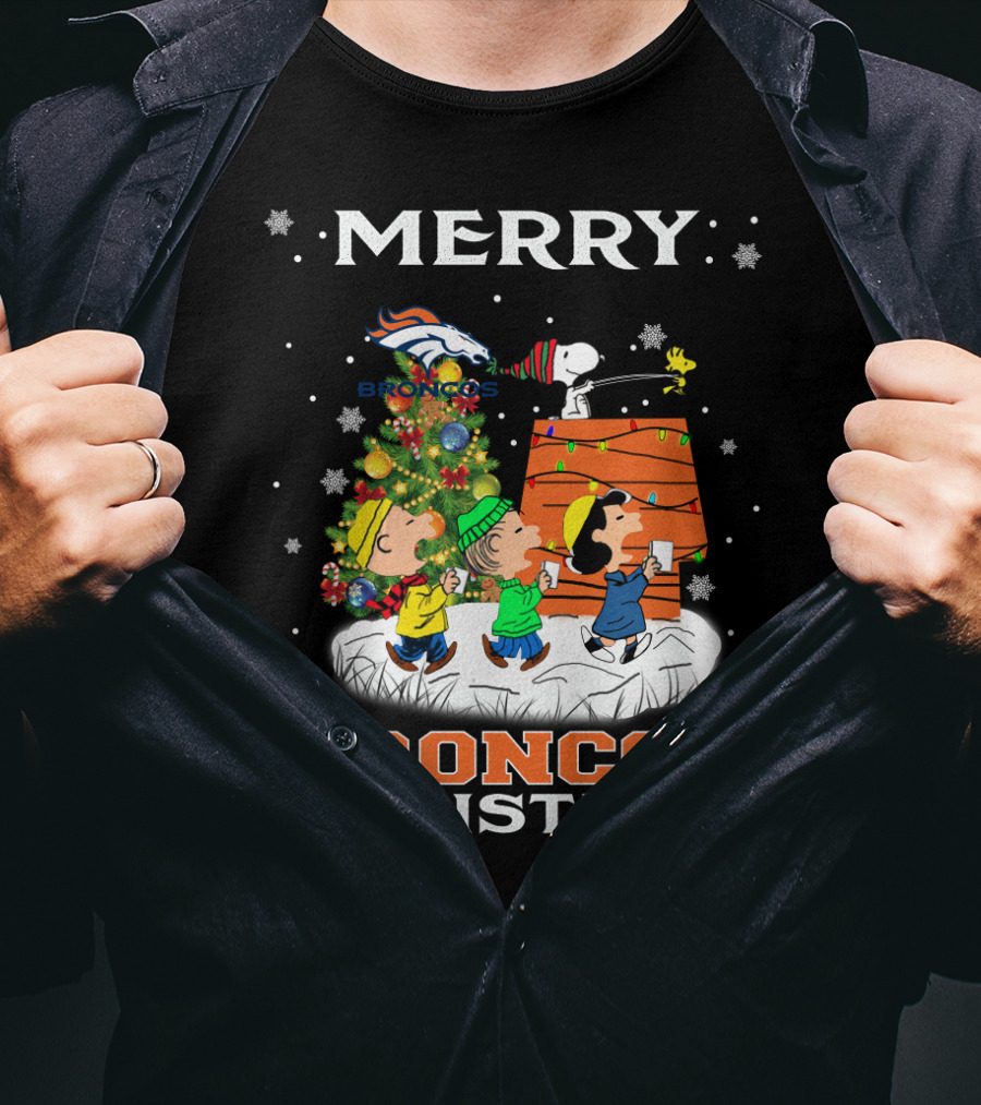 Merry Broncos Christmas Snoopy Fans Denver Christmas Tree Peanuts T-Shirt