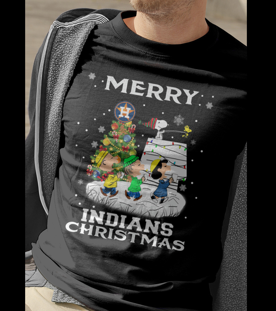 Merry Houston Astros Indians Christmas For Snoopy Fans T-Shirt