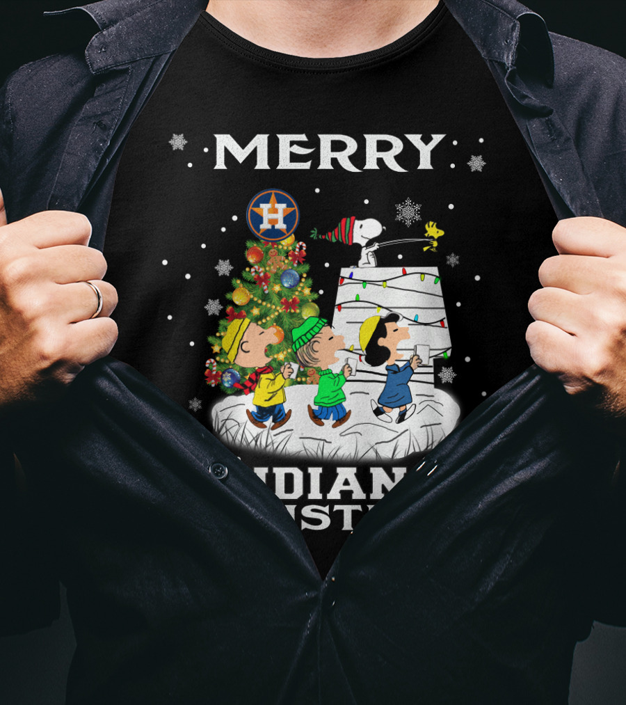 Merry Houston Astros Indians Christmas For Snoopy Fans T-Shirt