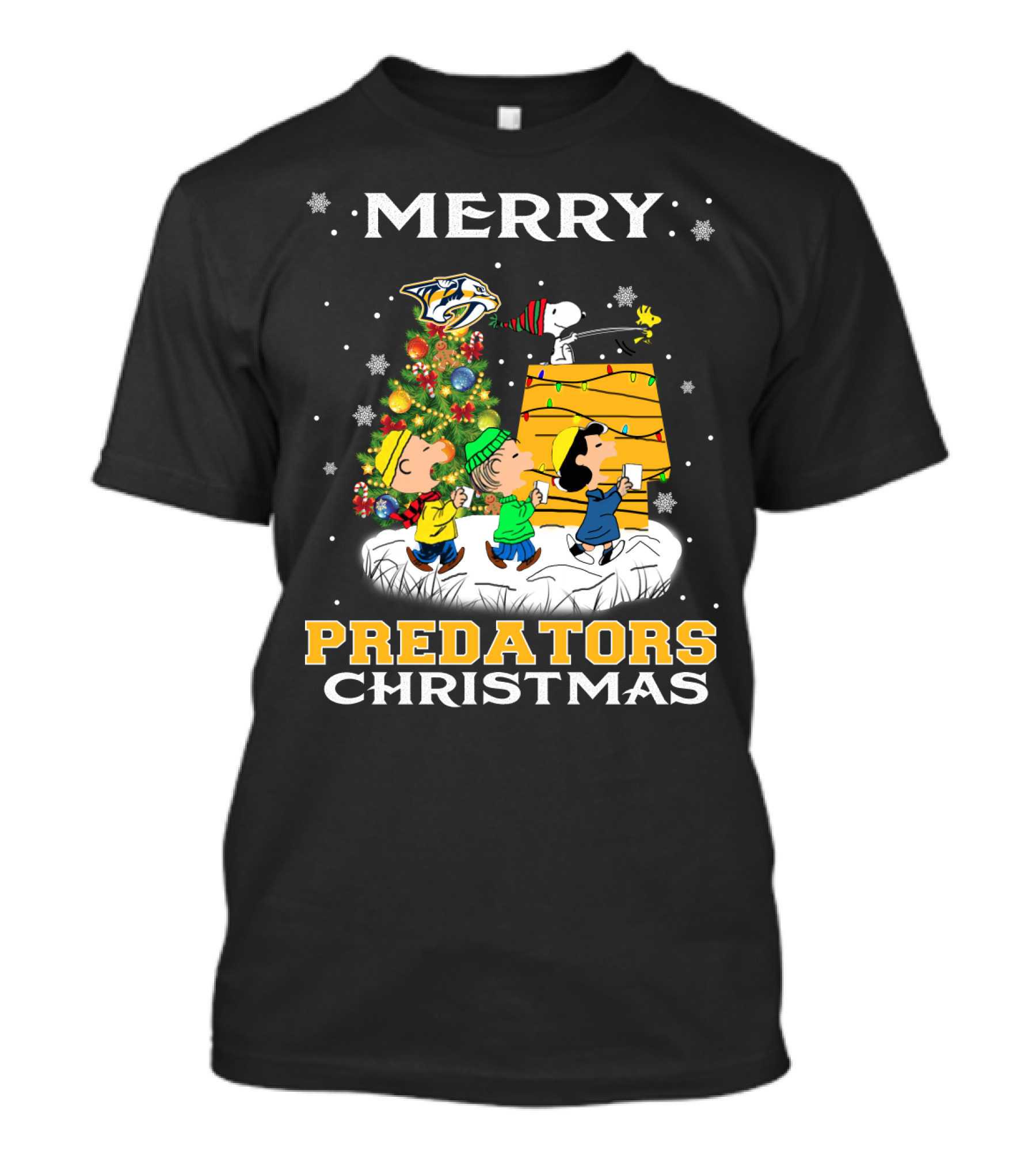 Merry Nashville Predators Christmas Snoopy Woodstock Lucy Charlie Brown Linus Caroling Holiday Scene T-Shirt