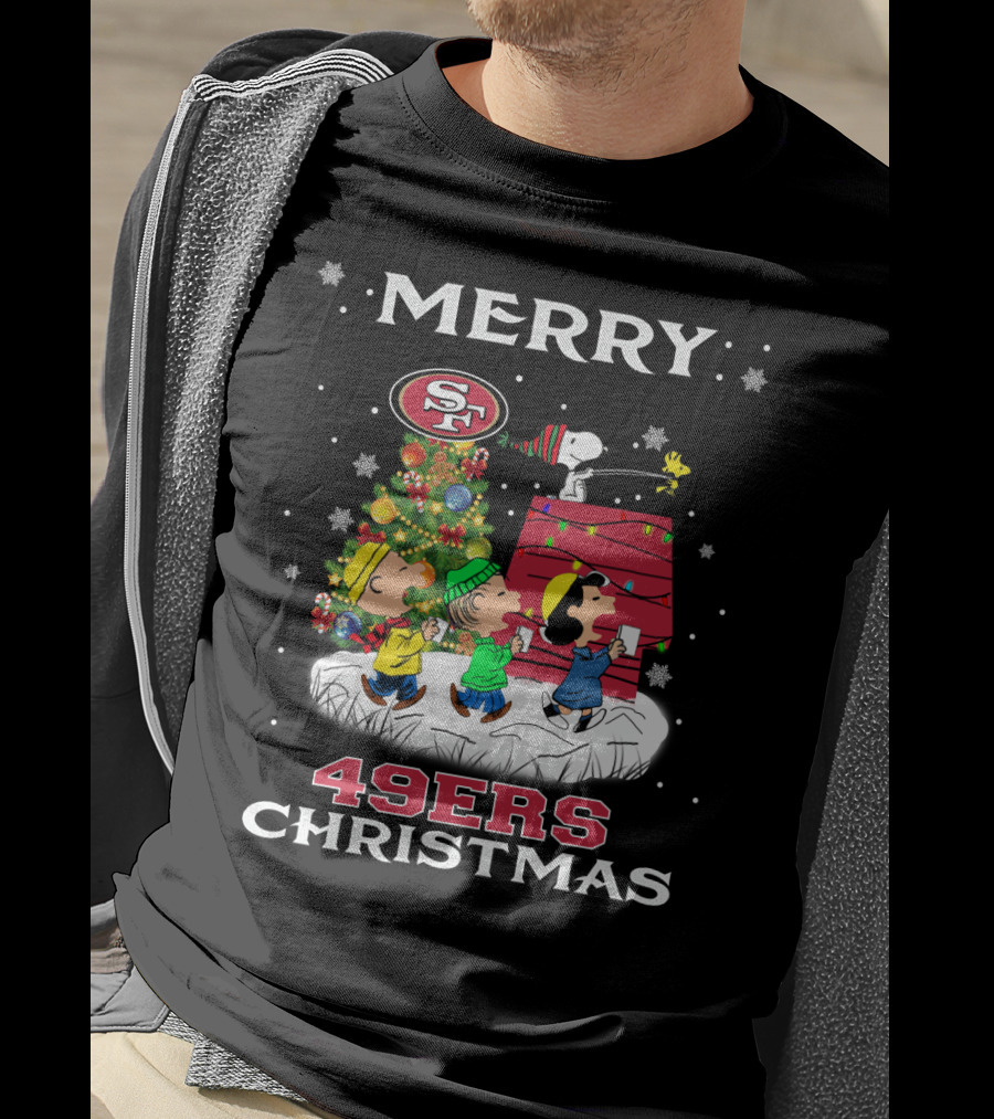 Merry 49ers Christmas Snoopy Peanuts Caroling Tree T-Shirt