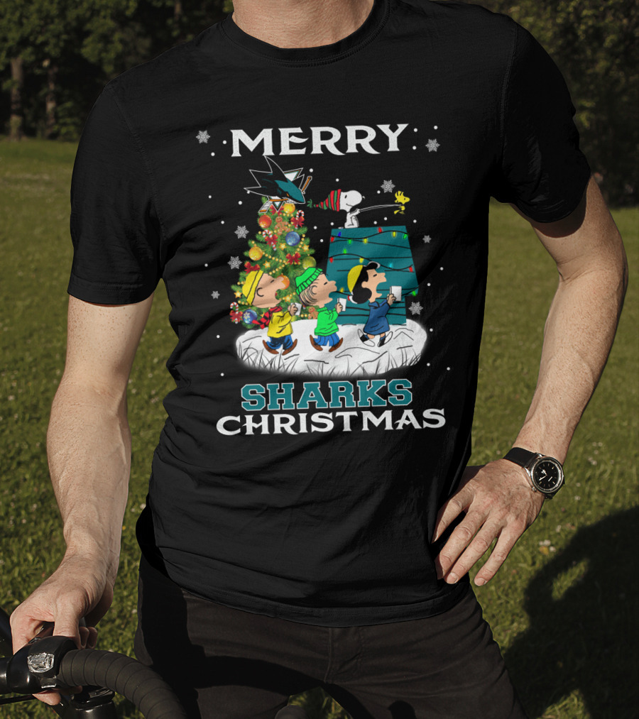 Merry San Jose Sharks Christmas With Snoopy And Peanuts Characters T-Shirt