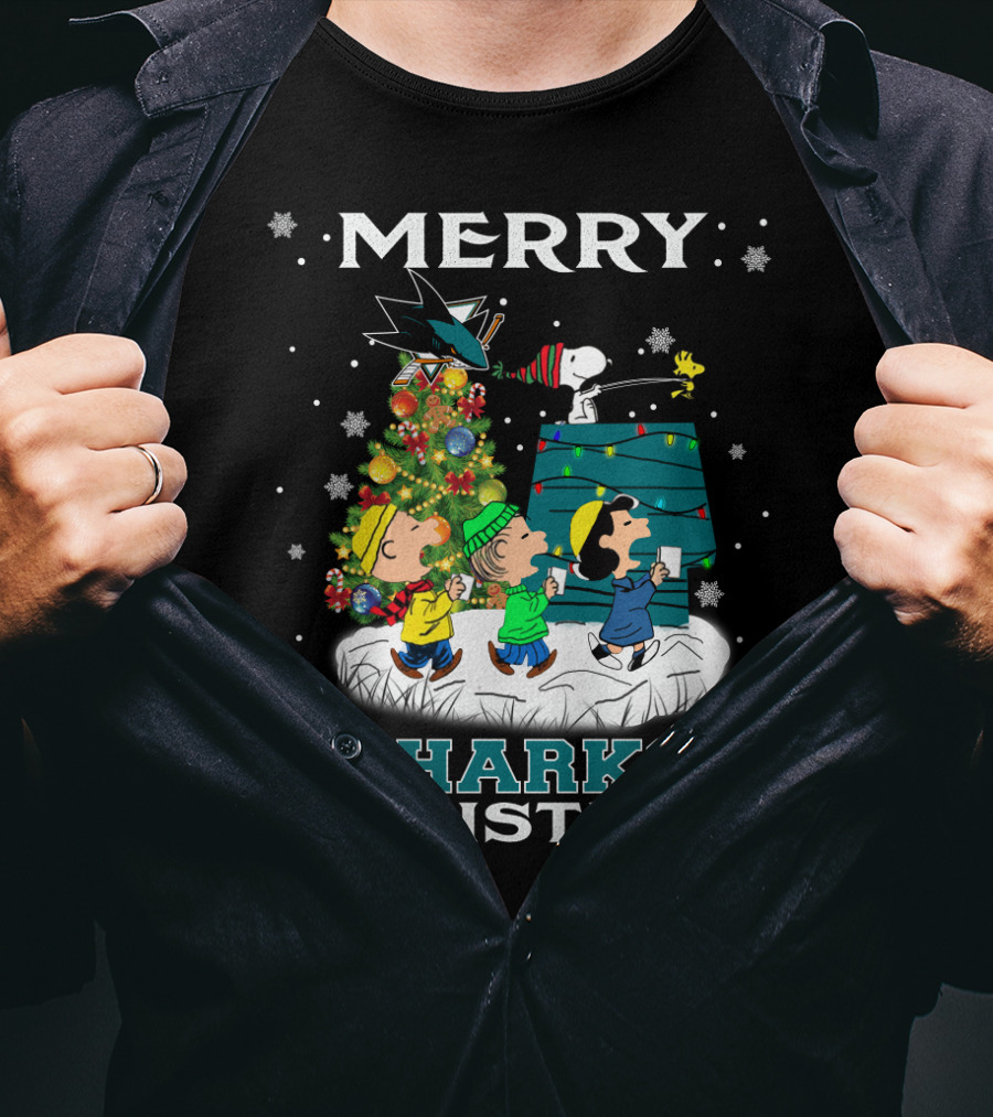 Merry San Jose Sharks Christmas With Snoopy And Peanuts Characters T-Shirt