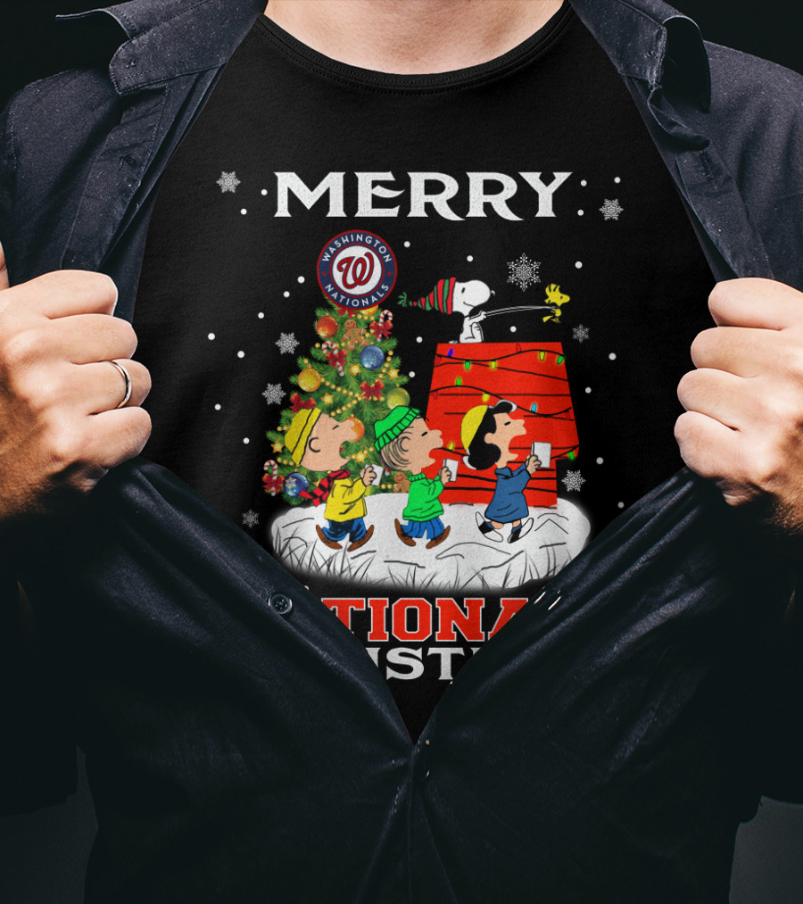 Merry Washington Nationals Christmas Snoopy With Tree And Snowflakes T-Shirt