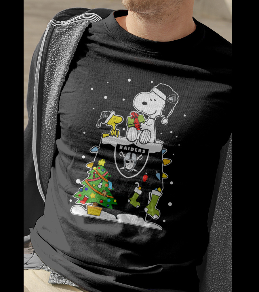 Raiders Snoopy With Christmas Tree And Woodstock T-Shirt