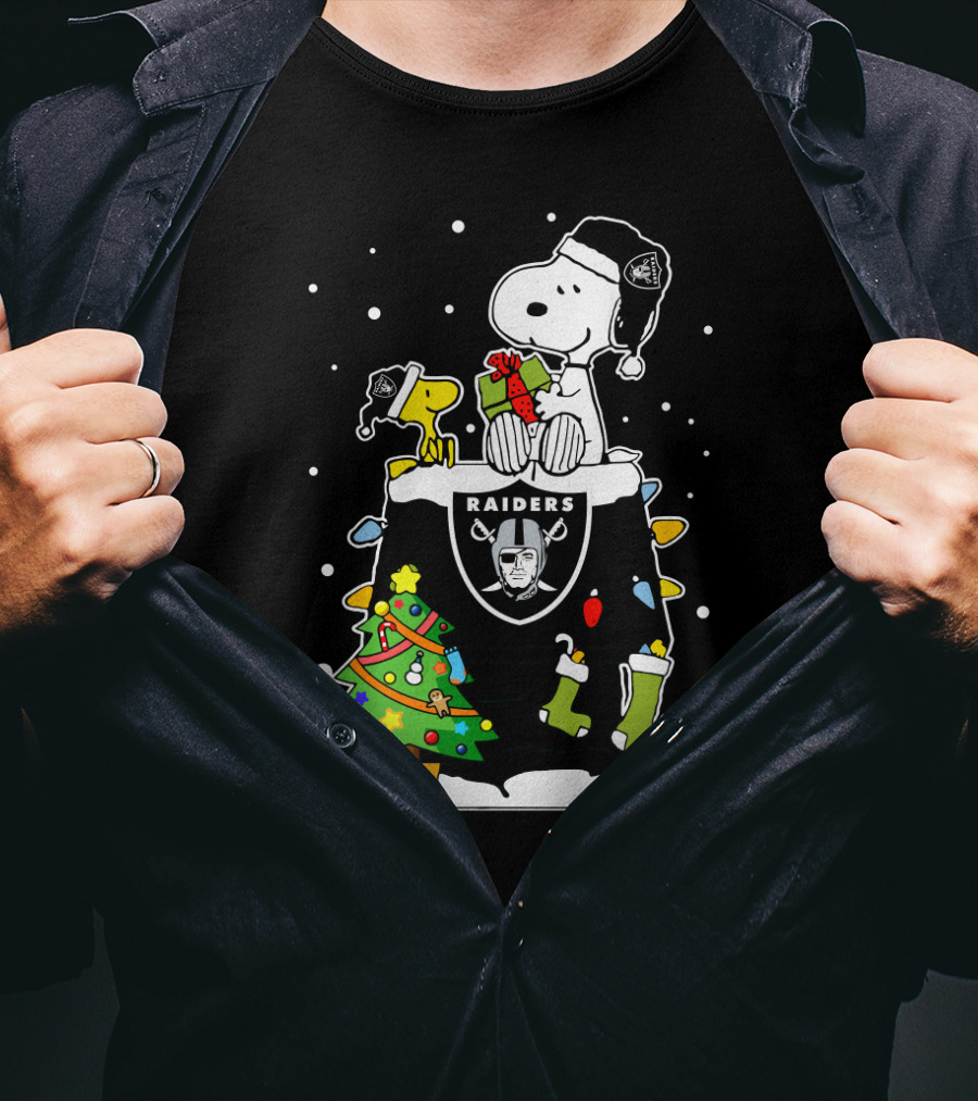 Raiders Snoopy With Christmas Tree And Woodstock T-Shirt