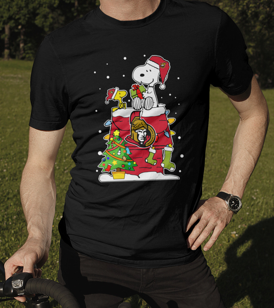 Snoopy Ottawa Senators Christmas Theme With Woodstock And Christmas Tree T-Shirt