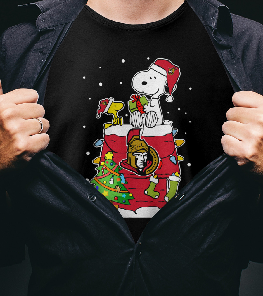 Snoopy Ottawa Senators Christmas Theme With Woodstock And Christmas Tree T-Shirt